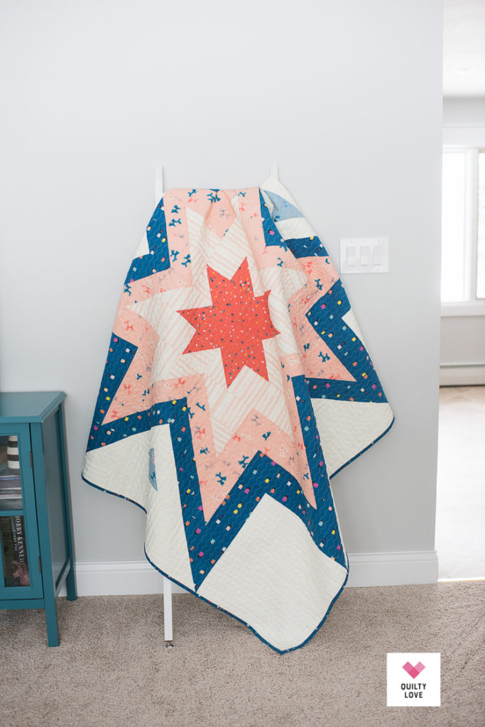 Ruby Star Society Expanding Stars quilt on quilt ladder.