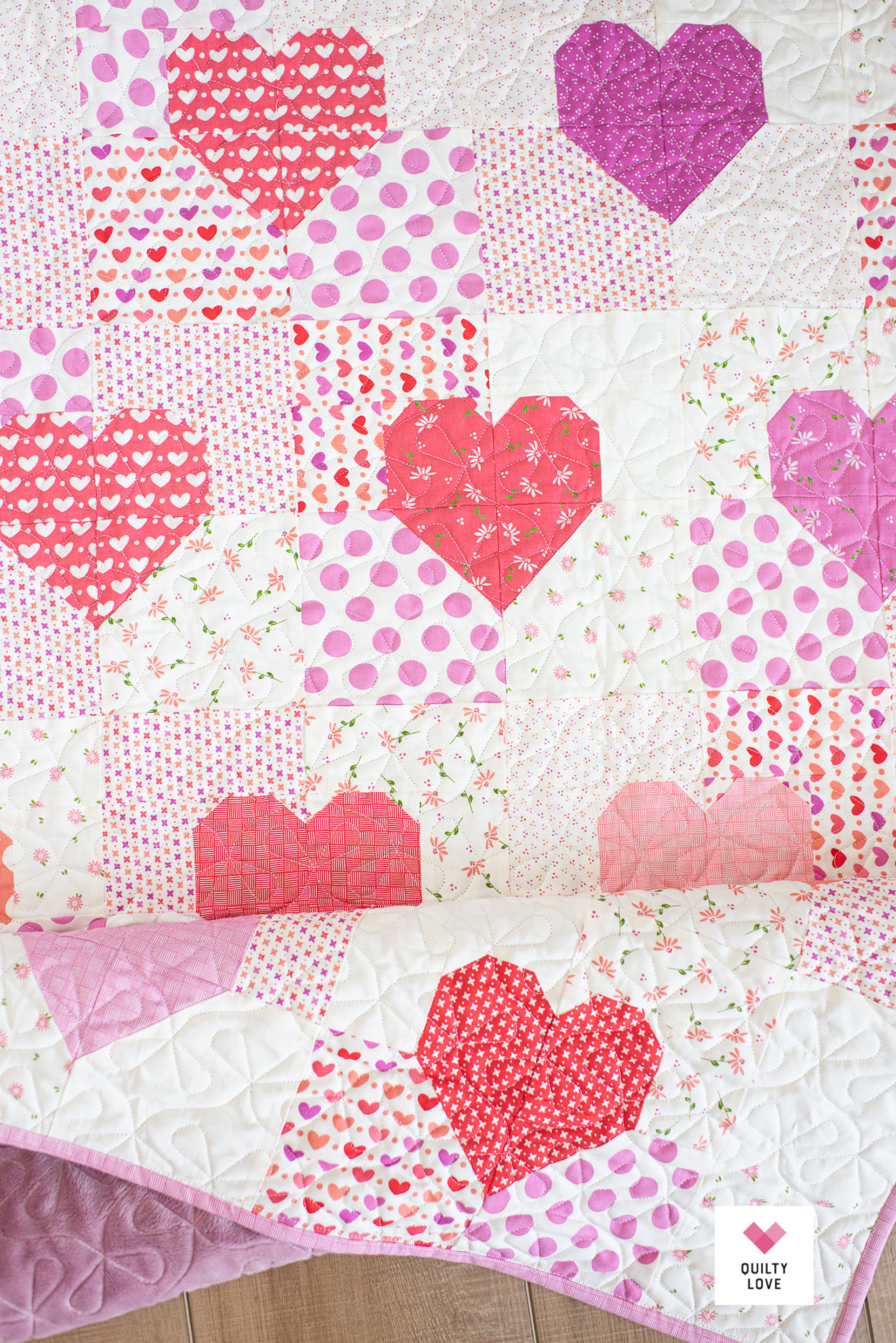 Baby Patchwork Hearts Quilt - Low volume scrappy heart quilt - Quilty Love